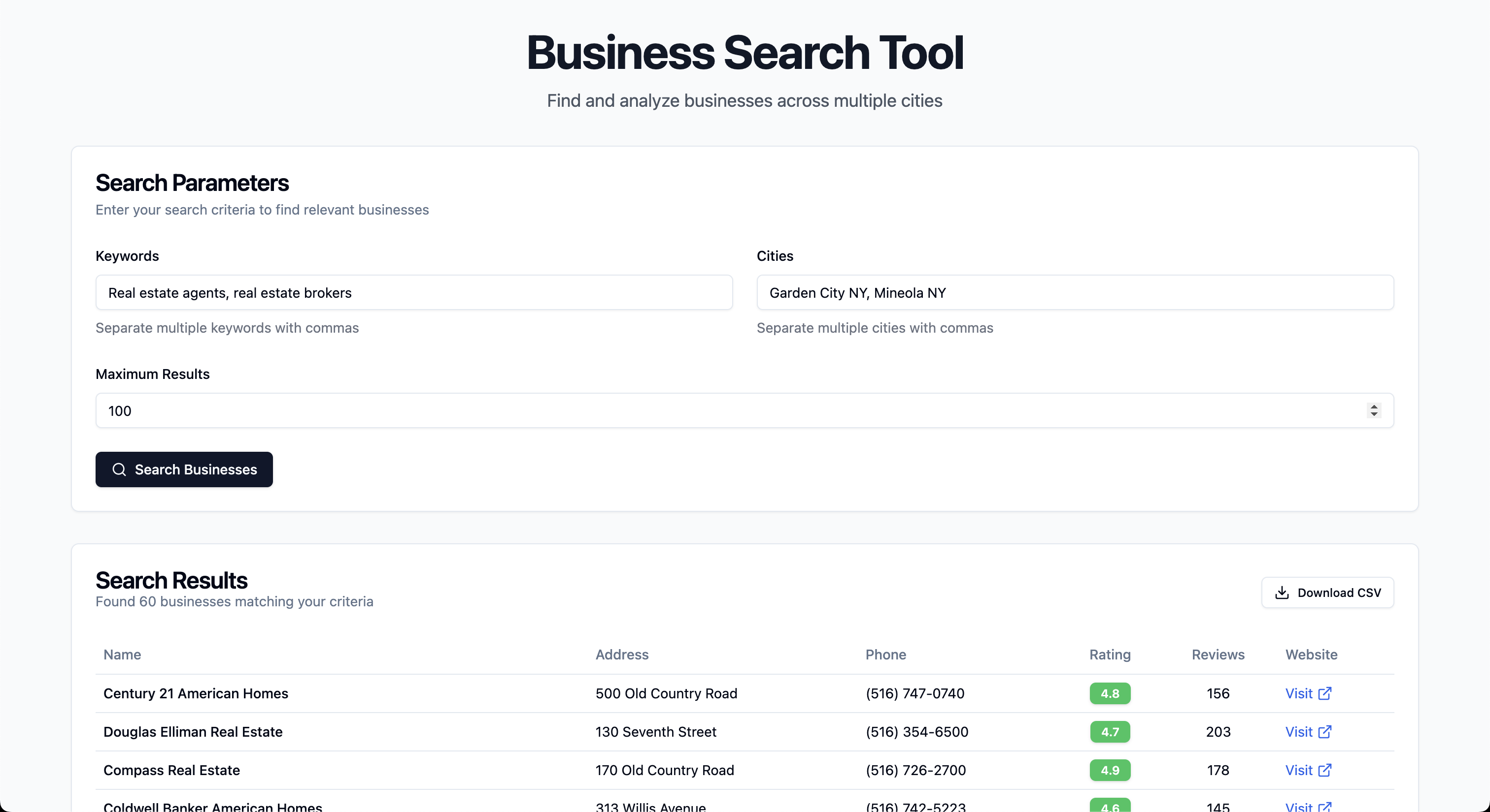 Business search tool interface showing filtered local business results